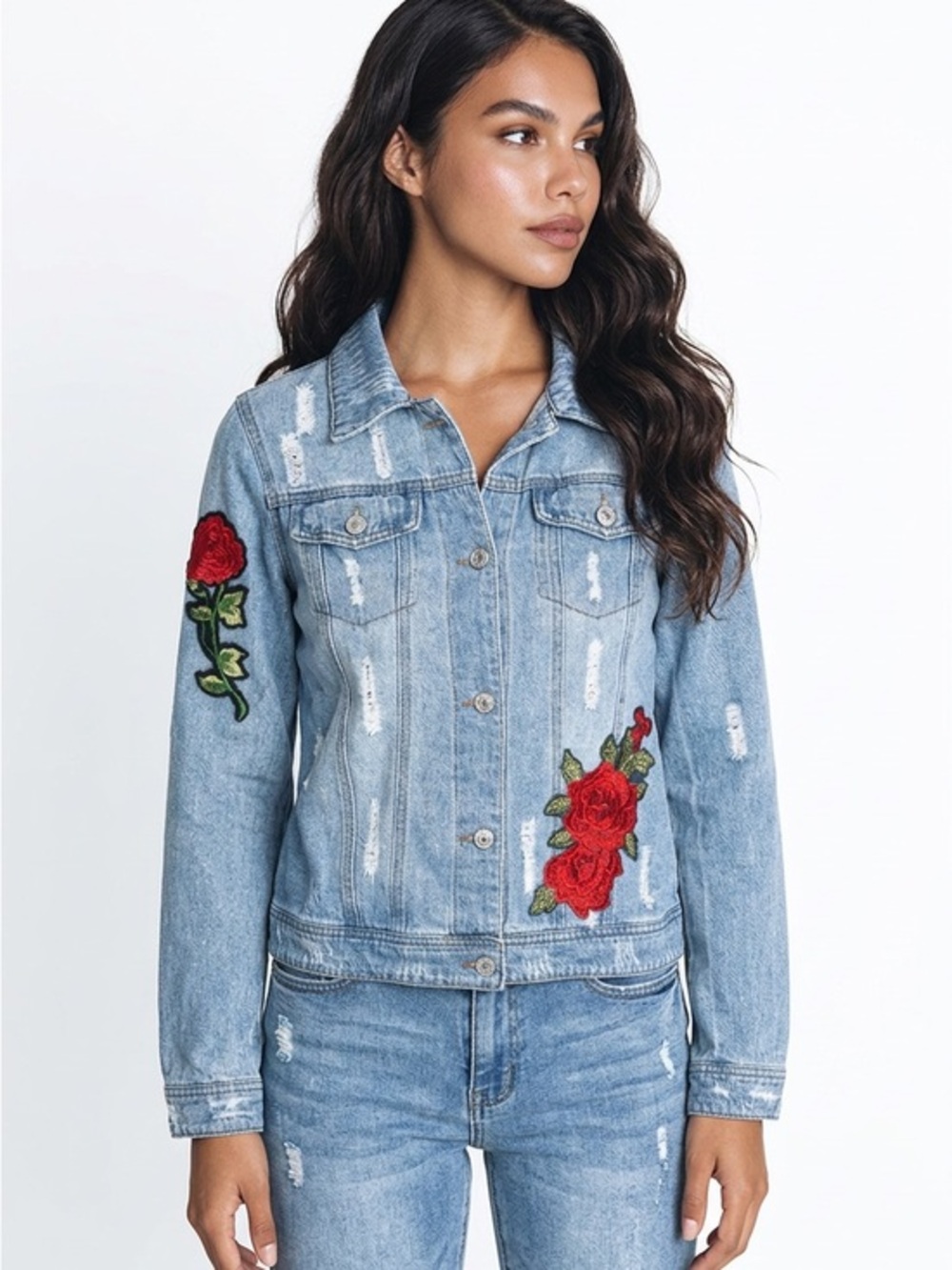 🌹|•ELAN•| Floral Embroidered Distressed Stretch Denim Jean Jacket Size Small